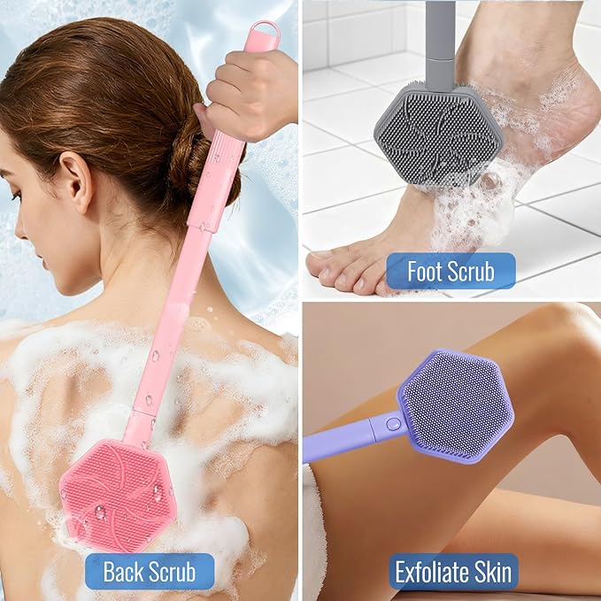 Silicone Back Scrubber for Shower – 21in Extendable Shower Brush with Long Handle – Dual-Sided Back Brush with Non-Slip Grip, Gentle Cleansing & Exfoliation for Men, Women, Elderly (Pink)