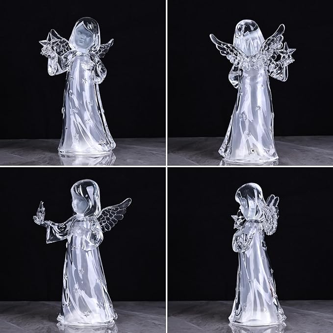 Acrylic Clear Guardian Angel Figurines with LED Light, Crystal Glass Finish Angel Statue, Large Christmas Angels Gifts for Women, Healing Angels Figurines Decorations(Star)