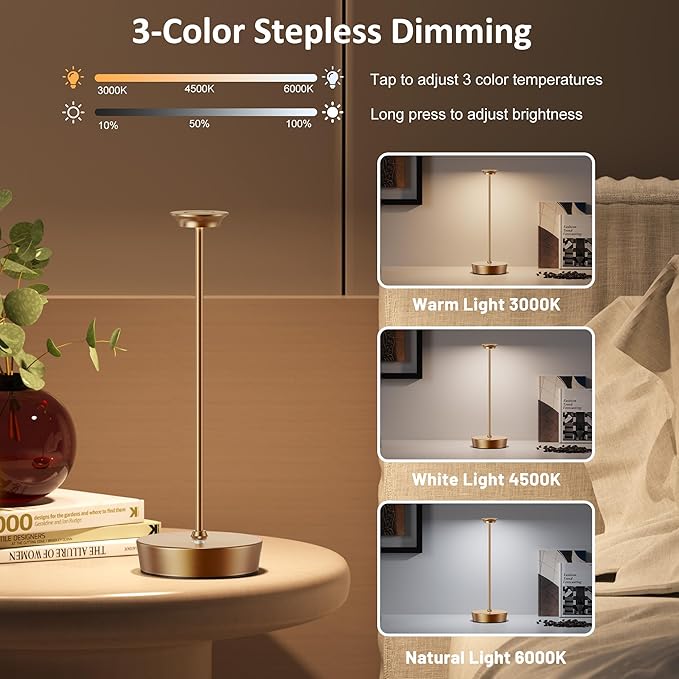 YHT Cordless LED Table Lamp Set of 2, Outdoor Portable LED Table Lamp, Dimming 6000mAh Battery Waterproof Table Light for Restaurant, Patio, Dinner, Bedroom (Titanium)