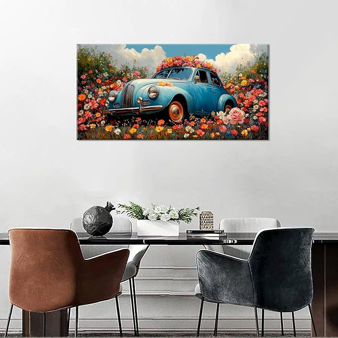ZESTRILIA Car Wall Art Flower Canvas Paintings Old Shabby Garden Floral Artwork Rustic Landscape Picture for Country Farmhouse Living Room Bedroom Home Office Kitchen Décor (23x46inch)