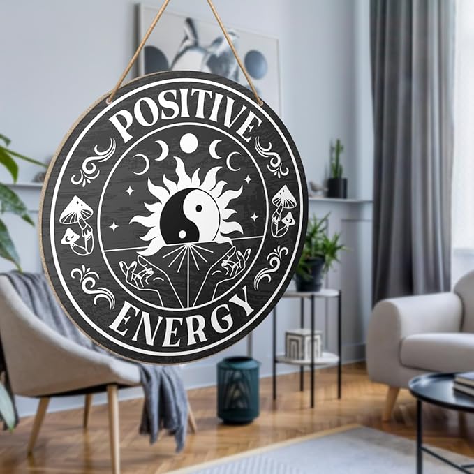 Positive Energy Wall Decor, Yin Yang Positive Energy Zen Wood Hanging Sign Decor, Inspirational Positive Energy Decorations for Home Office Zen Den Room, Positive Gifts for Women Men