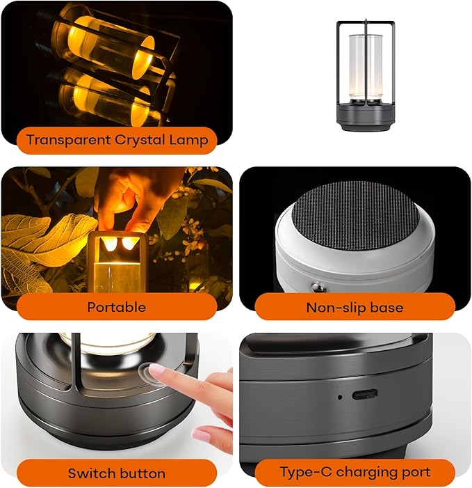 Portable Metal Table Lamp for Indoor/Outdoor ,Rechargeable Cordless LED Lamp, 3-Colour Infinitely Dimming Battery Powered Small Desk Lamp, Restaurant/Bedroom/Bar/Coffee/Camping Light (Grey Set of 2)