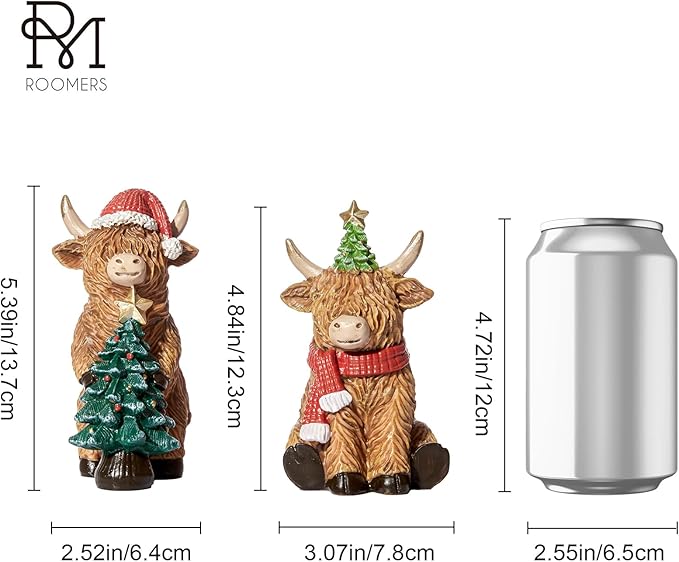 RM ROOMERS Christmas Highland Cow Decor Resin Highland Cow Figurines with Santa Hat Scarf & Tree for Tabletop Shelf Mantel Home Christmas Decoration (Set of 2, 5.39" & 4.48”H)