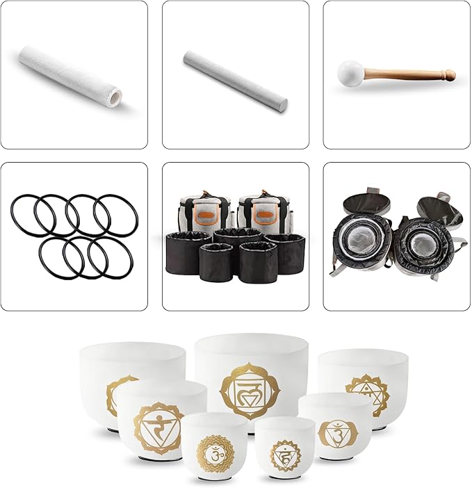 Ryan Dvan 432Hz 7-12 Inch 7 Gold Chakra Design Crystal Singing Bowl Set Frosted Quartz Crystal Sound Therapy Kit with Mallets 2 Cases O-Ring for Yoga Meditation Energy Balancing Reiki Healing