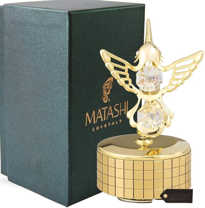 Matashi Christmas Gift for Women - Hummingbird Music Box with 24K Gold Plated Crystal - Tabletop Showpiece for Home, Office, Living Room for Her