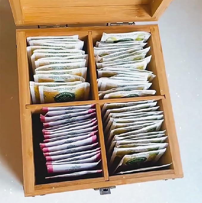 Tea Organizer Box 7.4" x 8.1" x 4.2" Bamboo Wood Organizer Storage Chest 4 Tall Adjustable Slots 100% Handmade Eco-Friendly Natural Kitchen Décor