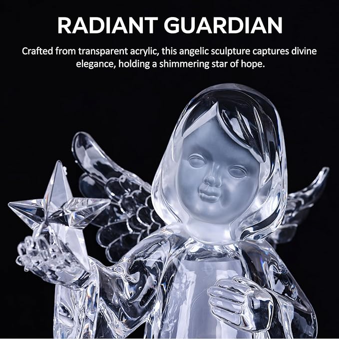Acrylic Clear Guardian Angel Figurines with LED Light, Crystal Glass Finish Angel Statue, Large Christmas Angels Gifts for Women, Healing Angels Figurines Decorations(Star)