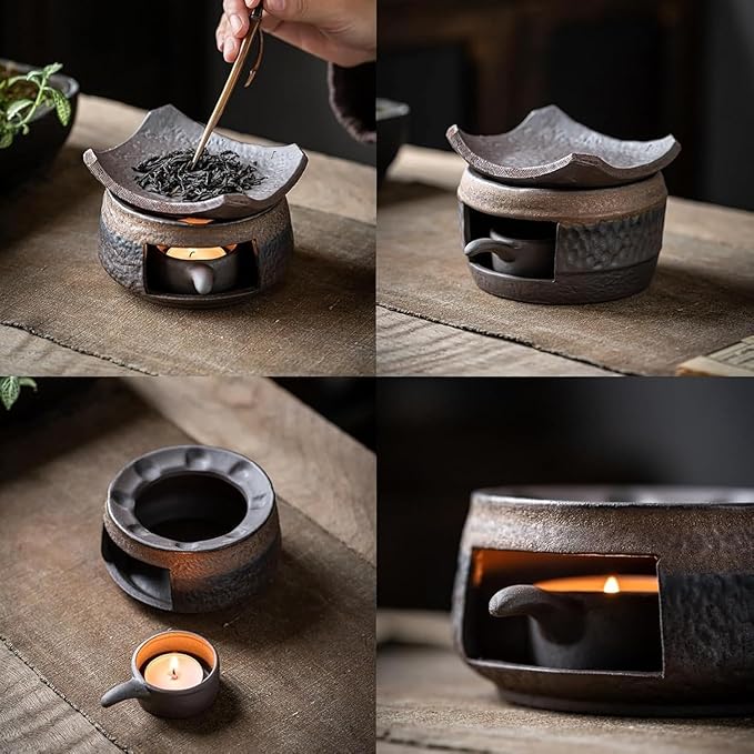Ceramic Tea Stove Warmer Set – Handmade Candle Wax Melt Warmer with Tealight Holder, Cedar and Zen Aromatherapy Burner for Home, Office, Meditation Spaces (A)