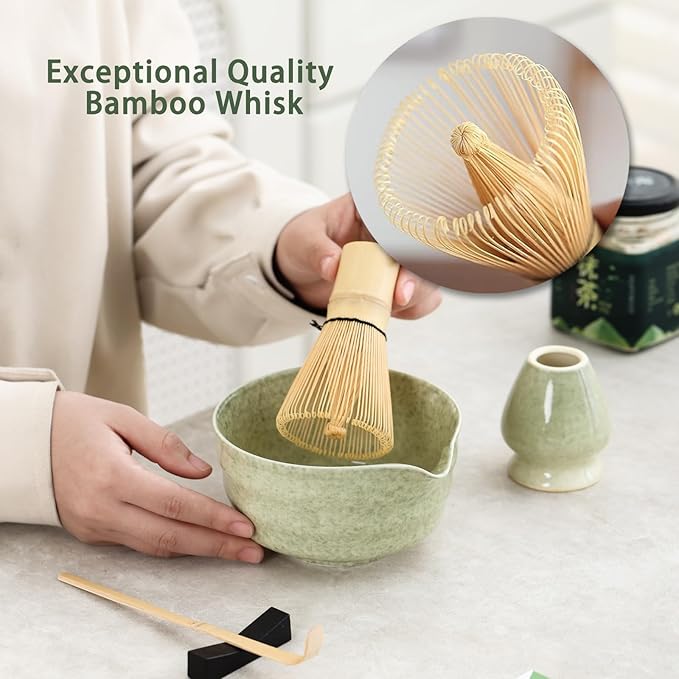 Matcha Set, Japanese Tea Set Includes Matcha Bowl with Spout, Matcha Whisk Holder, Bamboo Matcha Whisk and Bamboo Scoop, 17 oz Mottled Green Glaze Ceramic Matcha Kit for Tea Lovers