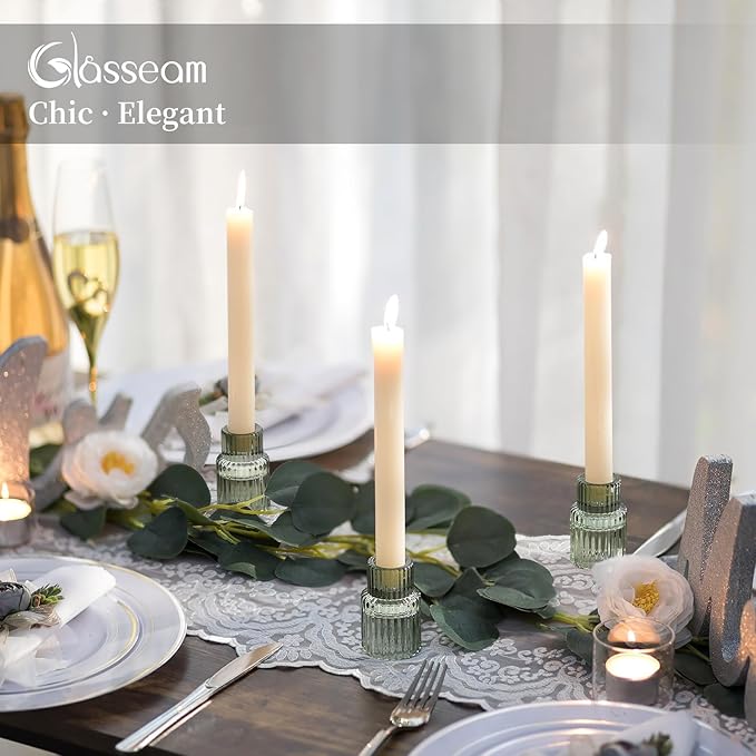 Glasseam Taper Glass Candlestick Holder: Green Candle Stick Holders Set of 2 Small Candle Holders for Candlesticks Vintage Crystal Tapered Candle Holder for Wedding Table Centerpiece Christmas Advent
