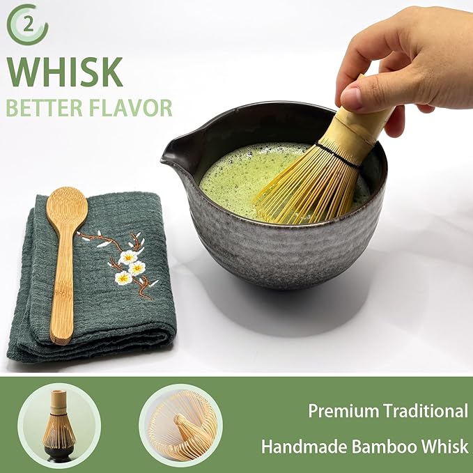 Matcha Whisk Set,7 Pcs Matcha Kit Tea Tools Includes Matcha Bowl with Spout, Sifter, Bamboo Scoop,Tea Towel,Whisk and Holder, Ideal Gift for Matcha Lovers (Black&White)