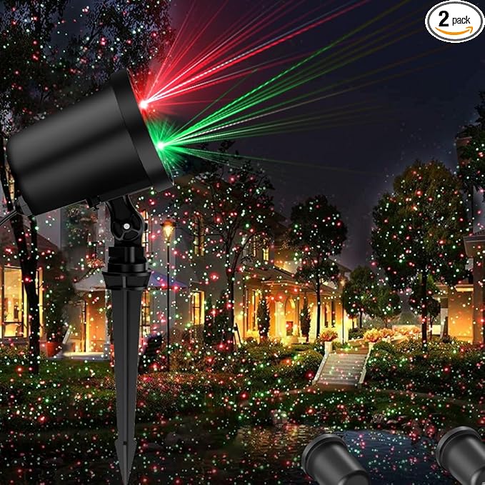 Christmas Laser Light Projector, 2 Pack, Red and Green Star Laser Lights Show with Timer for Outdoor Decorations, Waterproof Landscape Lighting for Christmas and Holidays