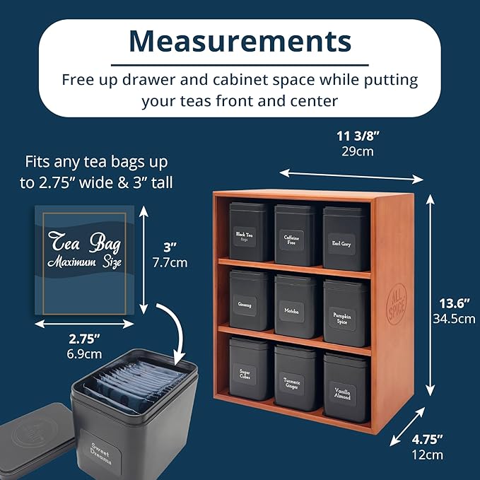 AllSpice Tea Organizer Rack with 9 Tins & 160 Magnetic Labels – Perfect for Bagged & Loose Leaf Tea Organization - Cherry