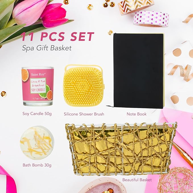 Bath & Body Gift Set, Luxury Christmas Gifts for Women Citrus Pink Grapefruit Spa Kit Gift Woman, 11 Pcs Self Care Kit Gifts With Bubble Bath, Massage Oil, Bath Brush, Birthday Gifts for Women