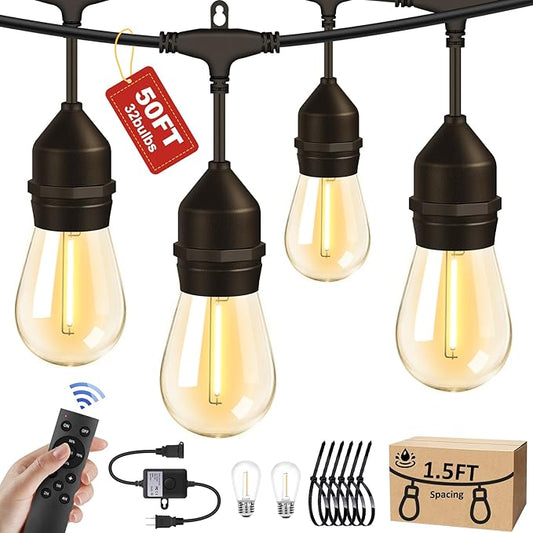 50FT Outdoor String Lights with 32+2 Bulbs (1.5FT Bulbs Spacing), Remote & Dimmer, Commercial Patio String Lights with 3 Mode Light & Timing, IP65 Waterproof, 50PC Mounting Ties for Outside