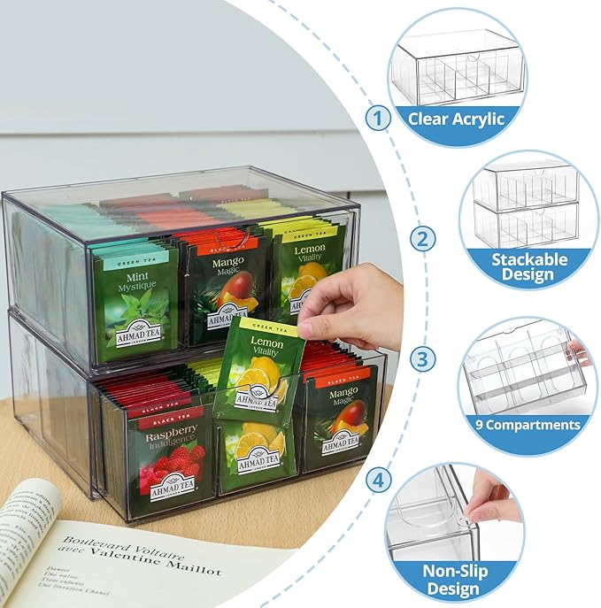 2 Large Acrylic Tea Bag Organizer, 9 Grids Tea Organizers and Storage with Acrylic Drawers Stackable, Teabag Holder Organizer for Counter Countertop Kitchen Cabinet
