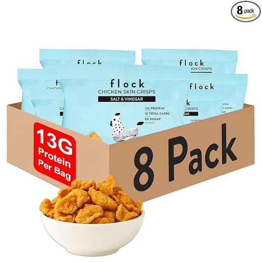 Flock Keto Chicken Skin Chips | Salt and Vinegar Flavor | Low Carb, High Protein, Sugar Free, Gluten Free Fried Chicken Skins for People | (1oz) 8-Pack Crispy Flock Chips