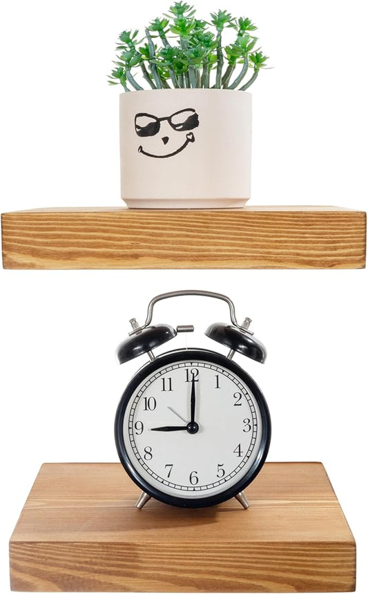 BGMG Small Wood Floating Shelves for Wall 8 inch Set of 2, Rustic Wooden Wall Mount Shelves for Living Room Bedroom Kitchen Farmhouse-8x6.7x1.25 inch- Gold Oak