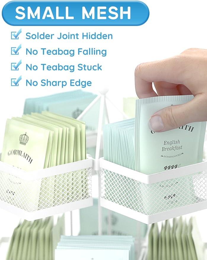 VOGWOLTH Tea Bag Organizer, Tea Bag Storage Holder Spinning Carousel 96 Teabags Container, Lazy Susan Coffee Creamer Sweetener Tea Caddy for Kitchen Counter Cabinet Pantry Shelf Organizer