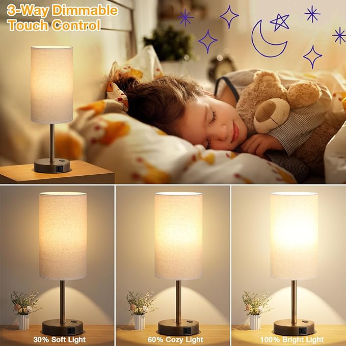 Touch Bedside Table Lamp with USB - 3 Way Dimmable Brown Lamp for Bedroom Nightstand, Desk Lamp with Charging Station for Dorm, Office, Kids Room, Living Room