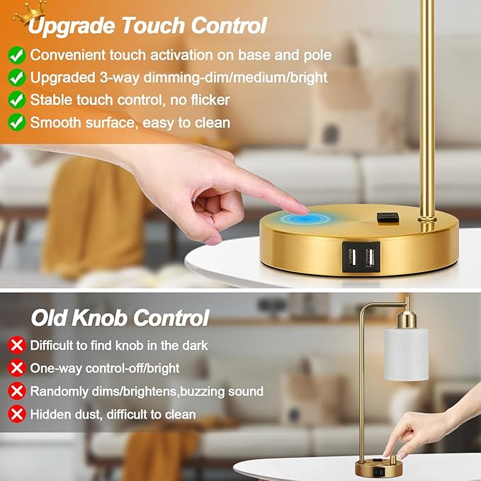 Set of 2 Industrial Touch Control Table Lamps with 2 USB Ports and AC Outlet - 3-Way Dimmable Gold Bedside Lamps Nightstand Desk Lamps for Bedroom Living Room, Opal Glass Shade & 2 LED Bulbs Included