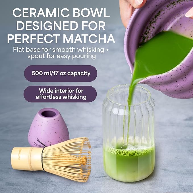 Matcha Whisk Set With Ceramic Matcha Bowl, Bamboo Whisk & Holder, Stainless Steel Spoon & Sifter, Glass Cup & Straw, Electric Frother, Storage Bag - Gift for Matcha Lovers (Premium 9-Piece Set Purple)