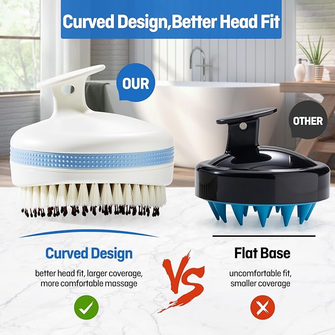 Scalp Massager with Double-Layer Bristles,Anti-Slip Rich-Lathering Hair Washing Shampoo Brush,Curved Scalp Scrubber with Better Head Fit for Dandruff Removal,Scalp Stimulator for Wet&Dry Use.