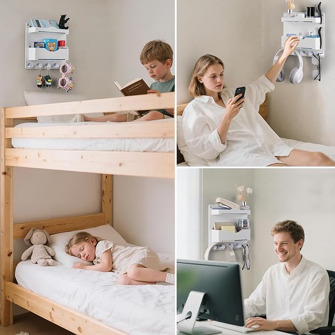 JUMEIHUI Bedside Wall Shelf with Glasses Hooks ，Adhesive Bedside Organizer Wall Mount for Dorm and Room Accessories Phone，Remote，Earphone， Kindle (White)