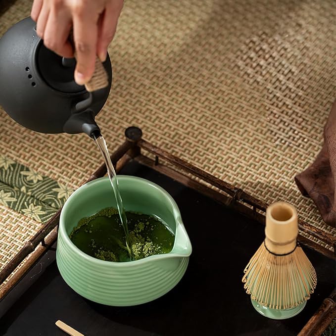 8 Pcs Matcha Whisk Set, Ceramic Matcha Whisk Holder, Ceramic Bowl with Spout, Matcha Ceremony Accessory, Home Kitchen Decor Tea Gifts for Birthdays, Halloween and Christmas (Green)