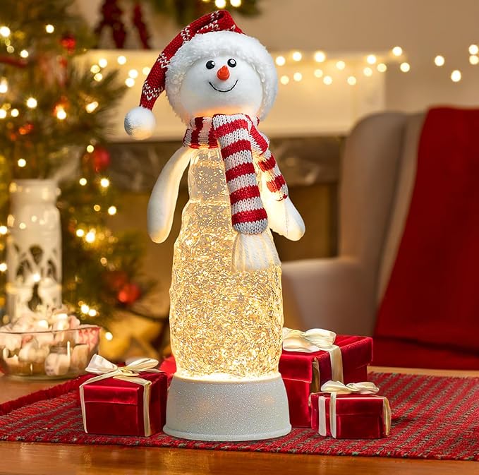 Christmas Snowman Decorations, Lighted Snowman Plush Swirling Glitter Musical Christmas Snow Globe Water Lantern for Table Mantel Desk Fireplace Home Holiday Decor