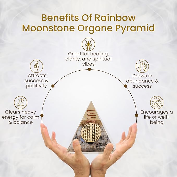 Rainbow Moonstone Orgone Pyramid – Handcrafted Healing Crystal for Positivity, Strength, Meditation, Yoga, Reiki & Chakra Balancing