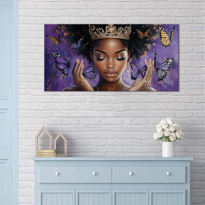 ZESTRILIA African American Wall Art for Girls Room Purple Black Butterfly Canvas Painting Prints Artwork Living Bedroom Office Decor Large (46x23 Inches)