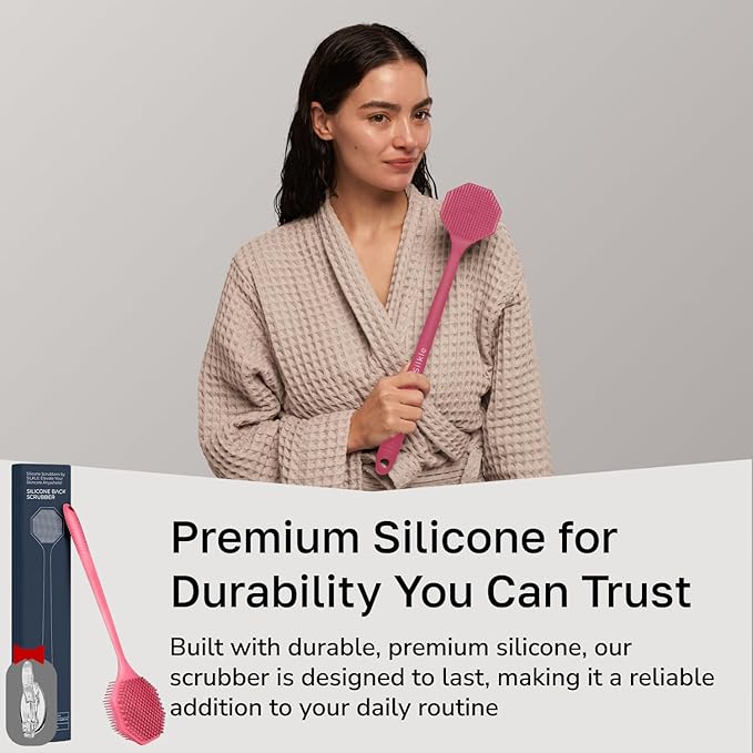 Silicone Back Scrubber with Long Handle - Octagon Body Brush for Shower, Bath, and Exfoliating - Skin Cleansing, Back Scrub and Gentle Silicone Sponge - Wash Your Body with Easy Reach - Rose
