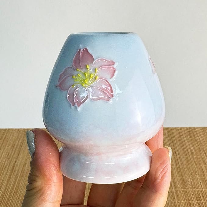 Matcha set with tray 8pcs, Japanese Matcha Kit includes Ceramic Matcha Bowl, Bamboo Matcha Whisk (Chasen), Whisk Holder, Macha Scoop(Chashaku), Bamboo Placemat, Sifter, Tea Cloth Chakin，Blue & Pink