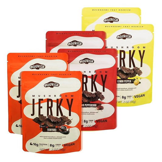 Mourish Mushroom Jerky, Plant Based Meatless Jerky, Variety Pack, Low Fat, High-Fiber Protein Mushroom Vegan Snacks for Outdoor, Travelling, Office, School, 6 Pack