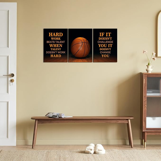 KAWAHONE-3 Pieces Basketball Motivational Work Hard Canvas Wall Art, Inspirational Quotes Pictures Wall Decor, Basketball Sports Poster Black and White Positive Poster Framed Motivation Gift for Entrepreneur Men Women Painting Artwork for Home Office