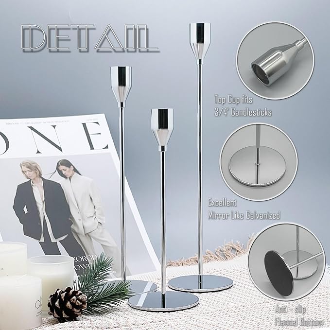 6Pcs Silver Candlestick Holders Set Fit 3/4" Tall Taper Candle Home Decorative Table Centerpieces for Family Dinning, Party Decoration