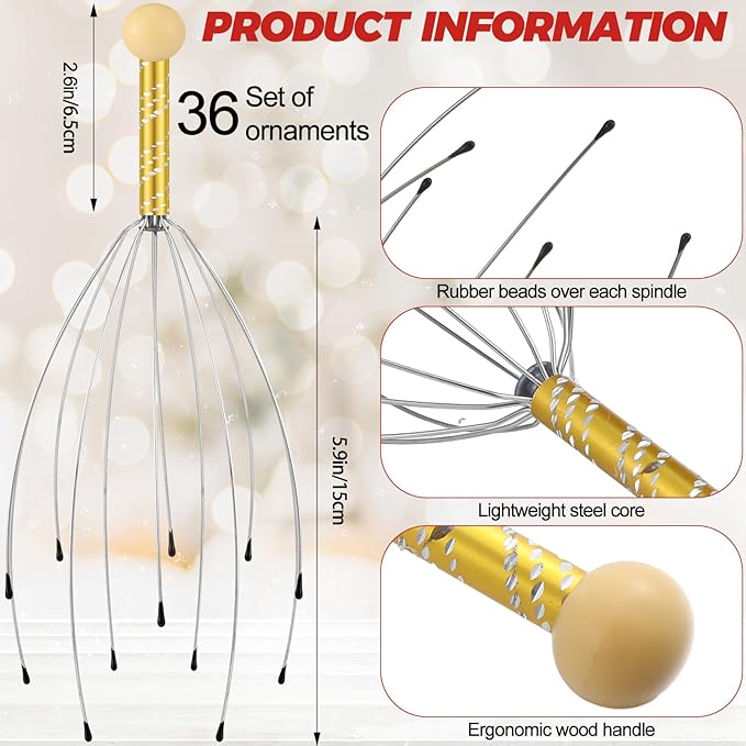 Soaoo 36 Pcs Scalp Massager Manual Head Massager Christmas Relaxing Gifts Handheld Steel Wire Head Scratcher with Wooden Handle for Body Home Office Spa Stress Relief Relaxation Women Men Gift