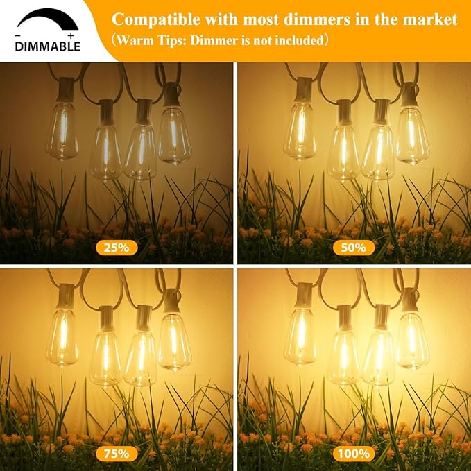 Brightever 50FT Outdoor String Lights Weatherproof, Patio Lights with 25+2 ST38 Edison Shatterproof Bulbs, Commercial Grade Warm White LED String Lights Decorative for Christmas, Wedding, Party, White