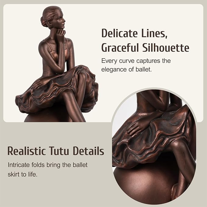 Seated Ballerina Figurines, Ballerina Dancer Statues Resin Sculpture Vintage Home Decor, Ballet Dance Girl Ornament for Shelves Home Office Decor (Bronze)