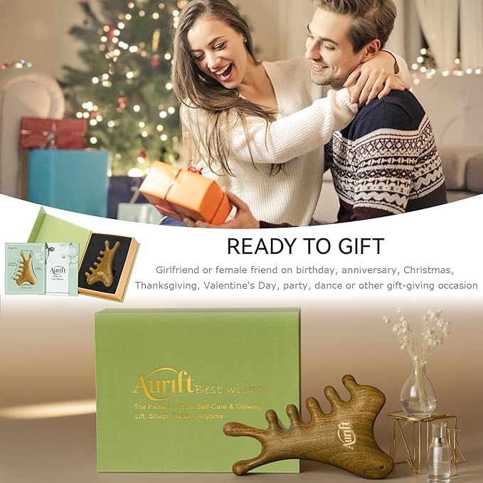 Gua Sha Tool for Face & Body, Christmas Gifts for Womon, 4 in 1 Sandalwood Guasha, Lymphatic Drainage,Jaw Lifting & Nose Sculpting, Head Massage Comb for Stress Relief,Home Office Self Care