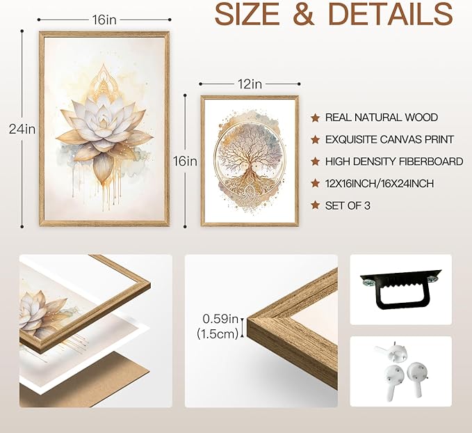 GELDSTEI Tree of Life Wall Art, Calming Zen Wall Decor, Abstract Yin Yang Tree Canvas Painting, Modern Gold Lotus Flower Meditation Poster Print for Living Room Yoga Room Bedroom Wood Framed 12"x16"x3