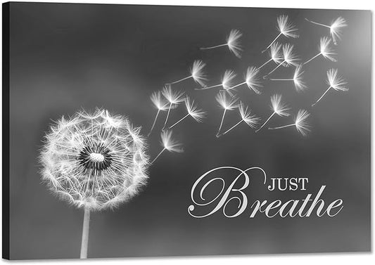 SKASNFAI Black and White Dandelion Zen Wall Art Canvas Just Breathe Motivation Positive Picture Art Print for Spa Yoga Meditation Wall Decor Ready to Hang (20L x 30W)