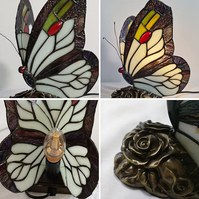 Bedside Table Lamp LED Tiffany Black White Butterfly Nightstand Table Lamps Stained Glass Shade ON Off Switch Home Office Desk Lamp Night Light Girl Grandma Mothers Day Gifts W/Gift Box