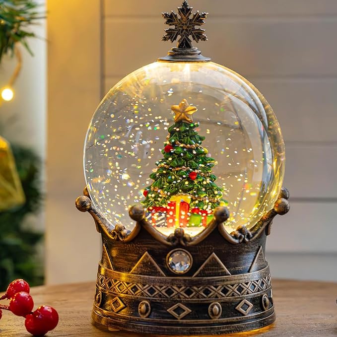 Snow Globe Lighted Christmas Decorations, Christmas Tree Musical Crown Snow Globe with Swirling Glitter, Christmas Holiday Party Gifts and Decorations