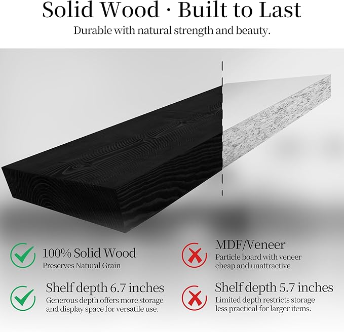 BGMG Wood Floating Shelves 24 inch, Wide Rustic Wooden Wall Shelves for Bathroom Living Room Bedroom Kitchen Farmhouse Set of 2-24x 6.7 x1.25 inch- Black