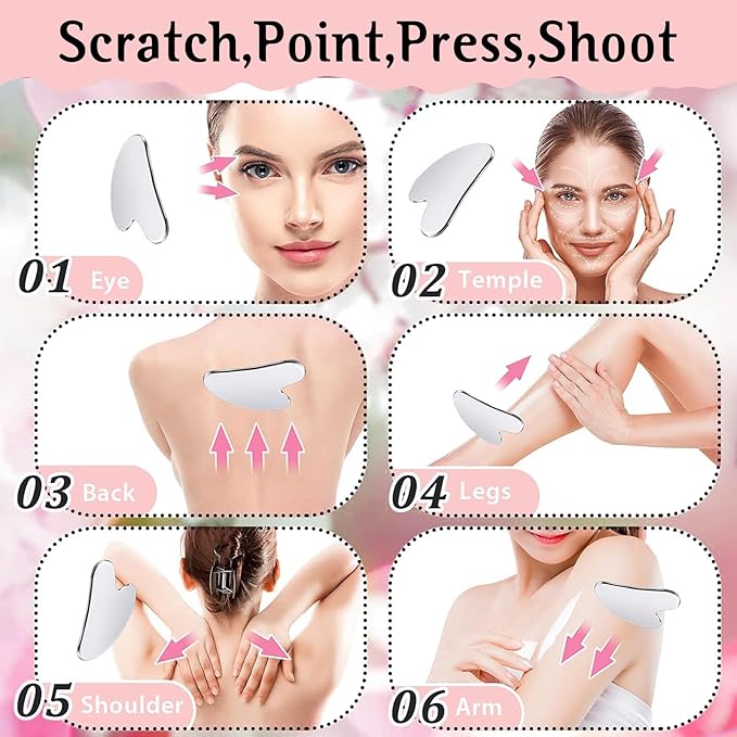 Gua Sha & Face Roller, Stainless Steel Gua Sha Facial Tools for Face, Eyes,Chin & Jawline Sculpting,Body Gua Sha Tools with Pouch