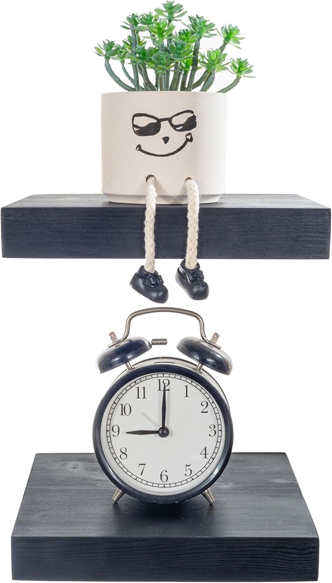 BGMG Small Wood Floating Shelves for Wall 8 inch Set of 2,Black Floating Shelves,Solid Wood Wall Shelves for Bathroom Living Room Bedroom Kitchen Farmhouse-8x 6.7 x1.25 inch