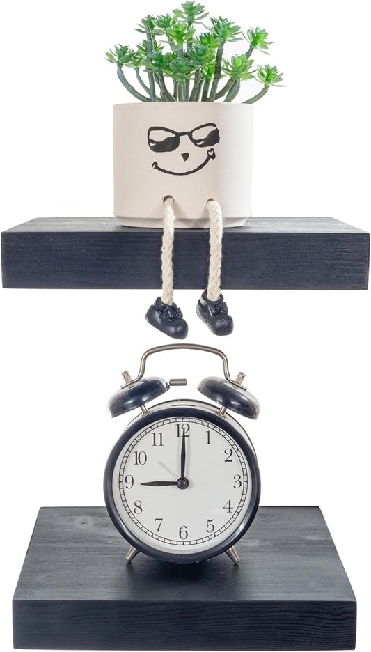 BGMG Small Wood Floating Shelves for Wall 8 inch Set of 2,Black Floating Shelves,Solid Wood Wall Shelves for Bathroom Living Room Bedroom Kitchen Farmhouse-8x 6.7 x1.25 inch