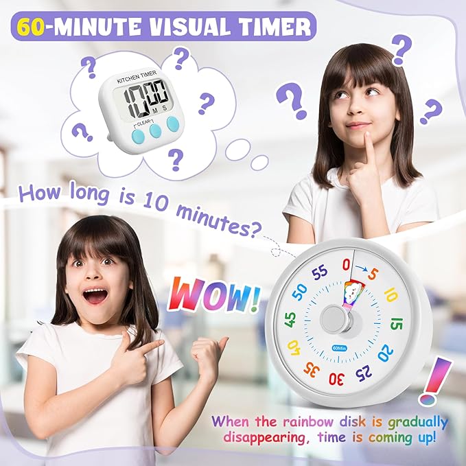 HIPPIH Visual Timer for Kids, 60 Minute Countdown Timers for Classroom Kitchen Office, Rainbow Disk Desk Timer Clock with Silent Operation, Pomodoro Timer Time Management Tools for Toddler ADHD White